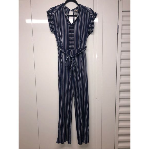 Monteau Los Angeles Women's Jumpsuit Navy White Striped Romper, Size Large - Picture 1 of 8